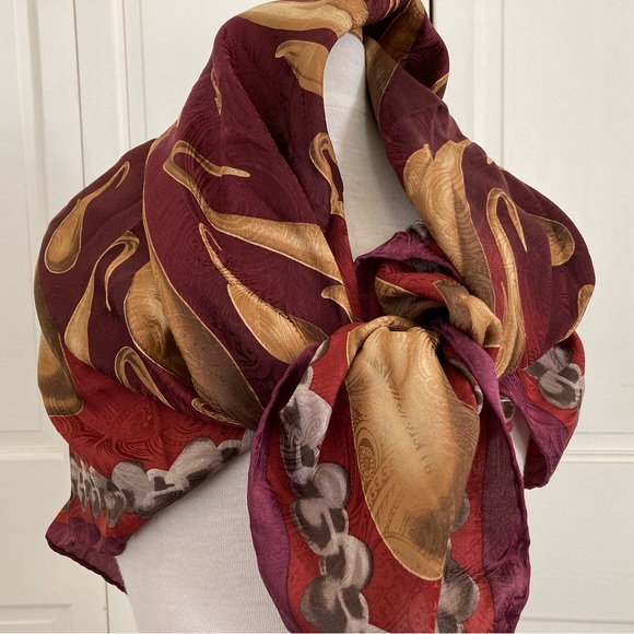 Large Paisley Silk Scarf, Terracotta, Burgundy, Gold, Jaquard, NWT - Picture 3 of 9